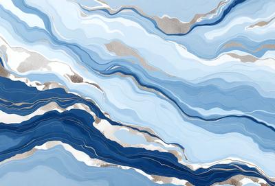 The primary subject of the image is a blue and white patterned wallpaper. The setting is a room with a blue and white color scheme. The visual style is a digital art or illustration, creating a unique and artistic design. The dominant colors are blue and white, giving the room a calm and soothing atmosphere.