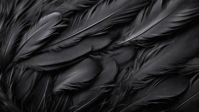The primary subject of the image is a close-up of a black bird's wing, showcasing its feathers. The setting is a black background, which emphasizes the feathers and creates a striking visual effect. The visual style is a black and white photo, which adds a timeless and classic feel to the image. The colors and mood are predominantly dark, with the black feathers and background creating a moody and dramatic atmosphere.