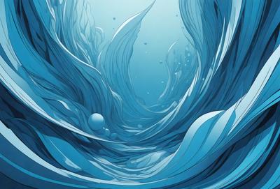 The primary subject of the image is a blue ocean filled with bubbles and seaweed. The setting is underwater, with the ocean floor visible. The visual style is digital art, as the image is a colorful and detailed illustration of the underwater environment. The dominant colors are blue and white, creating a serene and calming atmosphere.