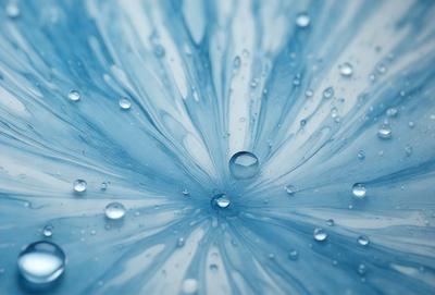 The primary subject of the image is a blue flower with droplets of water on it. The setting is a blue background, which adds to the overall visual style. The image is a digital art piece, showcasing the flower's intricate details and the water droplets' reflections. The colors are predominantly blue, creating a serene and calming atmosphere.
