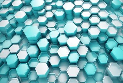 The primary subject of the image is a close-up of a blue and white patterned surface, which appears to be a honeycomb-like structure. The setting is a blue background, and the visual style is a combination of photo and digital art. The dominant colors are blue and white, creating a calm and soothing atmosphere.