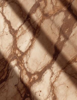 The primary subject of the image is a marble tile floor with a patterned design. The setting is a room with a marble wall, and the visual style is a photo. The colors and mood of the image are predominantly brown and earthy, giving it a natural and warm atmosphere.