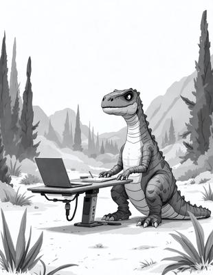 The primary subject of the image is a cartoon alligator sitting at a desk and using a laptop. The setting is a forest, with trees visible in the background. The visual style is a cartoon illustration, giving the image a playful and whimsical atmosphere. The colors are predominantly green and brown, reflecting the natural environment of the forest.
