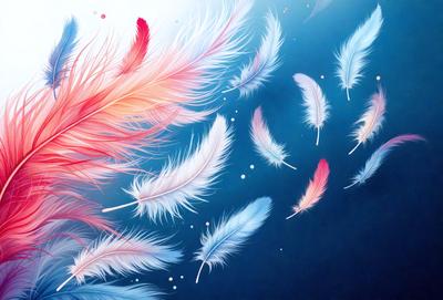 The primary subject of the image is a collection of white and pink feathers. The feathers are floating in a blue background, creating a visually appealing and artistic scene. The visual style of the image is digital art, as it appears to be a painting or drawing created using digital tools. The colors and mood of the image are predominantly white and pink, giving it a soft and delicate appearance.