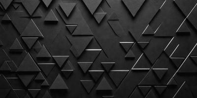 The primary subject of the image is a black leather wall with a pattern of triangles. The setting is a black background, and the visual style is a close-up of the leather wall. The colors and mood of the image are dark and moody, with the black leather and triangles creating a striking and unique design.