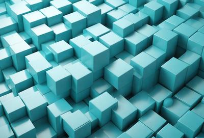 The primary subject of the image is a blue, three-dimensional grid pattern. The setting is a blue background, which creates a visually appealing contrast with the grid pattern. The visual style is a combination of digital art and illustration, as the grid pattern is created using a digital medium. The colors and mood of the image are predominantly blue, giving it a calm and serene atmosphere.