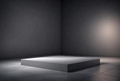 The primary subject of the image is a white platform or pedestal, which is the main object in the scene. The platform is situated in a dark room, with a gray wall as the background. The visual style of the image is a photo, capturing the contrast between the white platform and the dark room. The colors and mood of the image are predominantly dark and moody, with the white platform providing a touch of brightness in the otherwise dimly lit space.