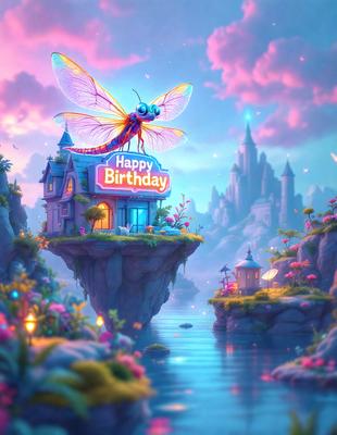 Primary subject: A birthday sign with a dragonfly on it.

Setting/background: A house with a dragonfly on it, and a castle in the background.

Visual style: Digital art.

Colors and mood: The colors are predominantly pink and purple, creating a happy and celebratory atmosphere.