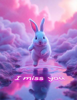The primary subject of the image is a white bunny rabbit. The setting is a pink and purple cloudy sky, which serves as the backdrop for the scene. The visual style is a digital art or illustration, creating a whimsical and playful atmosphere. The dominant colors are pink and purple, giving the image a soft and dreamy mood.