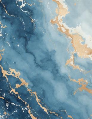 The primary subject of the image is a blue and gold marbled wallpaper. The setting is a room with a blue and gold marbled wallpapered wall. The visual style is a painting, and the colors and mood are rich and luxurious.