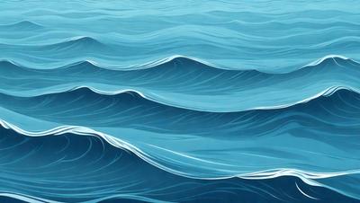 The primary subject of the image is a large body of blue water, with waves and ripples visible. The setting is the ocean, and the visual style is a digital art or illustration. The dominant colors are blue and white, creating a serene and calming atmosphere.