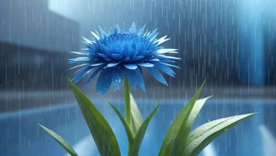 The primary subject of the image is a single blue flower, which is the main focus of the scene. The setting is a rainy environment, with the flower standing in the rain. The visual style of the image is a photo, capturing the beauty of the flower in its natural surroundings. The dominant colors in the image are blue and green, creating a serene and calming atmosphere.