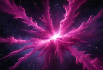 The primary subject of the image is a bright pink nebula, which is the main object, scene, or focus of the image. The setting or background of the image is a dark, star-filled sky, which provides a contrasting backdrop for the vibrant pink nebula. The visual style of the image is a combination of photo and digital art, as it captures the beauty of the nebula in a unique and artistic manner. The dominant colors in the image are pink and purple,