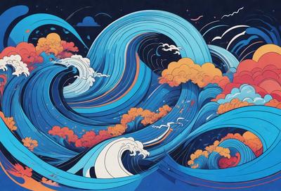 The primary subject of the image is a large, colorful wave with a blue and orange hue. The wave is depicted in a digital art style, giving it a vibrant and dynamic appearance. The setting is a nighttime ocean, with the wave crashing against the shore. The visual style is a combination of digital art and illustration, creating a unique and captivating scene. The colors and mood of the image are energetic and lively, capturing the essence of the ocean at night.
