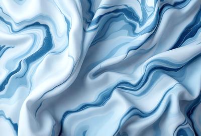 The primary subject of the image is a blue and white sheet of fabric. The setting is a room with a blue and white color scheme. The visual style is a digital art or illustration, as the fabric appears to be a digital rendering. The colors and mood of the image are predominantly blue and white, creating a calm and serene atmosphere.