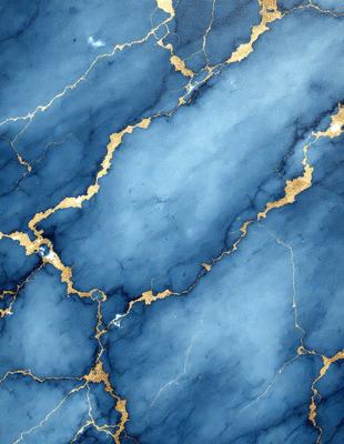The primary subject of the image is a blue marble wall with gold accents. The setting is a room with a blue and gold marble wall, which serves as the background. The visual style is a combination of photo and digital art, creating a unique and intricate design. The dominant colors are blue and gold, giving the wall a luxurious and elegant appearance.