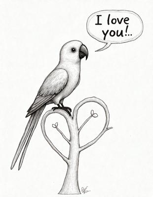 The image features a white bird perched on a branch. The bird is the primary subject of the image, and it appears to be a parrot. The setting is a tree branch, and the visual style is a drawing or illustration. The colors in the image are predominantly white, which gives the scene a clean and simple appearance.
