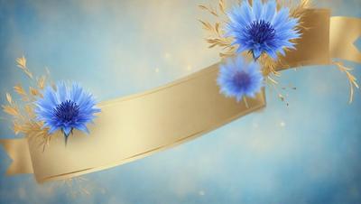 The primary subject of the image is a gold ribbon with blue flowers attached to it. The ribbon is placed on a blue background, which adds a contrasting color to the scene. The visual style of the image is a combination of photo and digital art, creating a unique and eye-catching design. The dominant colors in the image are gold and blue, which contribute to a warm and inviting atmosphere.