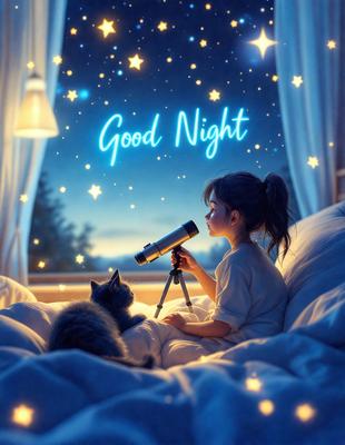 The primary subject of the image is a young girl sitting on a bed, looking up at the night sky. She is holding a telescope, possibly observing the stars. The setting is a cozy bedroom, with a bed visible in the background. The visual style is a digital art illustration, creating a warm and inviting atmosphere. The colors and mood are predominantly blue and serene, reflecting the peacefulness of the nighttime scene.