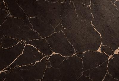 The primary subject of the image is a close-up of a black and gold marbled wall. The setting is a dark room with a stone wall, and the visual style is a photo. The dominant colors are black and gold, creating a rich and luxurious atmosphere.