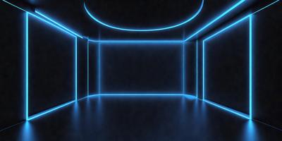 The primary subject of the image is a dark room with a blue glow. The setting is a black room with a blue light illuminating it. The visual style is a digital art or illustration, creating a futuristic and mysterious atmosphere. The dominant colors are blue and black, with the blue light creating a unique and captivating ambiance.