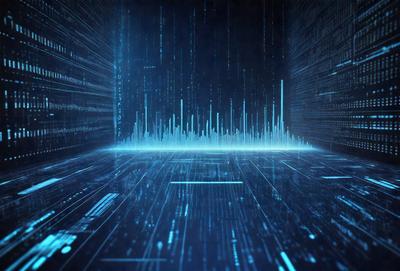 The primary subject of the image is a computer screen displaying a blue background with a large number of lines and dots. The setting is a dark room, and the visual style appears to be a digital art or illustration. The dominant colors are blue and black, creating a calm and focused atmosphere.