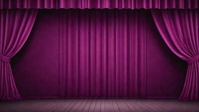 The primary subject of the image is a purple curtain, which is the main object, scene, or focus of the image. The setting is a stage, with the curtain hanging down in front of it. The visual style is digital art, as the curtain is depicted in a digital format. The colors and mood of the image are predominantly purple, creating a dramatic and theatrical atmosphere.
