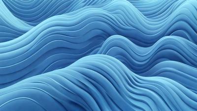 The primary subject of the image is a large, blue, wavy surface that resembles a wave or a water surface. The setting is a blue ocean, and the visual style is a digital art or illustration. The dominant colors are blue and white, creating a calm and serene atmosphere.