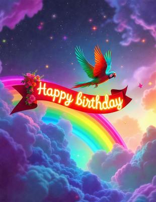 The primary subject of the image is a colorful bird, which is flying in a vibrant, cloudy sky. The bird is positioned in the center of the scene, surrounded by a lively and cheerful atmosphere. The setting is a cloudy sky, which adds to the overall visual style of the image. The colors and mood of the image are predominantly bright and cheerful, with the bird being the focal point of the scene.