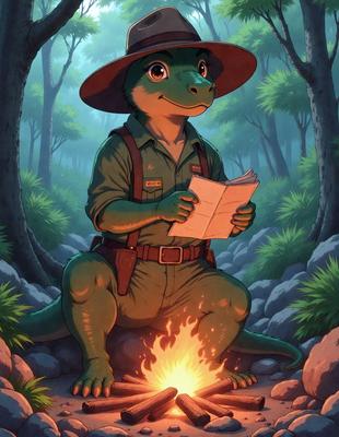 The image features a cartoon alligator sitting on a rock, reading a book. The alligator is wearing a hat and a green outfit, giving it a unique appearance. The setting appears to be a forest, with trees in the background. The visual style is a digital art or illustration, creating a whimsical and imaginative scene. The colors are predominantly green, with the alligator's outfit and the book adding a touch of brown. The overall atmosphere is light-hearted and