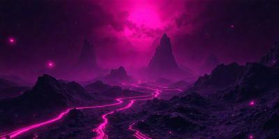 The primary subject of the image is a purple landscape with a red pathway. The setting is a dark, cloudy sky, and the visual style appears to be a digital art or illustration. The dominant colors are purple and red, creating a moody and dramatic atmosphere.
