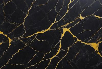 The primary subject of the image is a black marble countertop with gold veins running through it. The setting is a kitchen, and the visual style is a close-up of the marble countertop. The dominant colors are black and gold, creating a luxurious and elegant atmosphere.