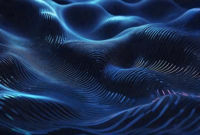 The primary subject of the image is a blue, wavy surface with a patterned texture. The setting appears to be a futuristic or abstract environment, possibly a digital art or illustration. The visual style suggests that the image is a digital art or illustration, with a blue color scheme and a unique, patterned texture. The overall atmosphere of the image is futuristic and intriguing, with the blue waves and patterned surface creating a captivating visual experience.