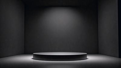 The primary subject of the image is a large, round, and shiny object, possibly a light or a reflective surface, placed in a dark room. The setting is a black background, which emphasizes the object's shape and reflective properties. The visual style appears to be a photo, as the object is captured in a dark environment, and the contrast between the object and the background is striking. The colors and mood of the image are predominantly dark, with the round object being the main focal point, creating a