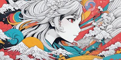 The primary subject of the image is a woman with white hair, wearing a blue dress. She is the main focus of the image. The setting is a colorful and artistic background, which adds to the visual style of the image. The visual style is a combination of digital art and illustration, creating a unique and vibrant atmosphere. The colors and mood of the image are predominantly blue and white, giving it a calm and serene feel.