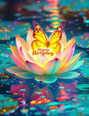 The primary subject of the image is a colorful butterfly floating on top of a flower. The setting is a body of water, with the flower and butterfly floating on the surface. The visual style is a combination of photo and digital art, creating a vibrant and lively atmosphere. The dominant colors are blue, pink, yellow, and orange, which contribute to the overall mood of the image, which is celebratory and joyful.