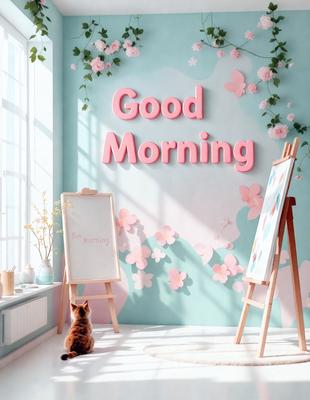 The primary subject of the image is a cat sitting on the floor in front of a wall. The setting is a room with a blue wall and a painting on it. The visual style appears to be a photo of the cat in front of the painting. The dominant colors are blue and pink, creating a calm and soothing atmosphere.
