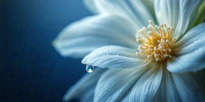 The primary subject of the image is a white flower with a drop of water on it. The setting is a blue background, which adds a sense of depth and contrast to the scene. The visual style is a close-up of the flower, showcasing its details and beauty. The colors are predominantly white and blue, creating a serene and calming atmosphere.