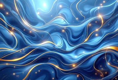 The primary subject of the image is a blue and gold swirling pattern, which appears to be a digital art or illustration. The setting is a blue background, and the visual style is a combination of digital art and illustration. The dominant colors are blue and gold, creating a vibrant and lively atmosphere.