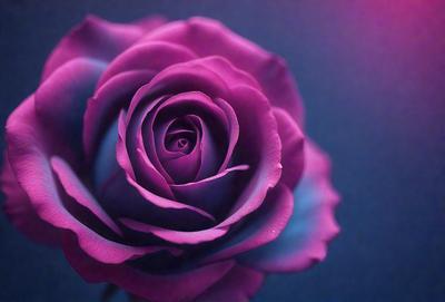 The primary subject of the image is a purple rose. The rose is the main focus of the image, and it is displayed against a dark blue background. The visual style of the image is a close-up of the rose, showcasing its details and texture. The dominant colors in the image are purple and blue, creating a calm and serene atmosphere.