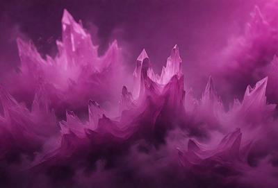The primary subject of the image is a purple mountain with a cloudy sky in the background. The mountain is covered in a purple substance, giving it a unique appearance. The visual style of the image is a combination of photo and digital art, creating a surreal and dreamy atmosphere. The dominant colors in the image are purple and pink, which contribute to the overall mood of the scene.