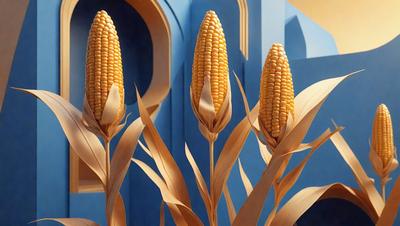 The primary subject of the image is a group of three tall, yellow corn stalks. They are standing in front of a blue wall, which serves as the setting and background of the scene. The visual style of the image is a combination of photo and digital art, creating a realistic yet artistic representation of the corn stalks. The dominant colors in the image are yellow and blue, giving the scene a warm and vibrant atmosphere.