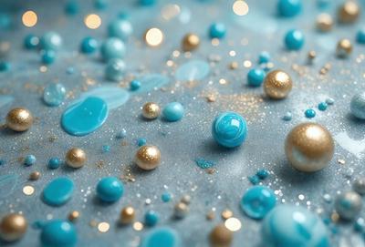 The primary subject of the image is a blue background with various blue and gold beads scattered across it. The setting appears to be a blue table or surface, and the visual style is a combination of photo and digital art. The colors and mood of the image are predominantly blue and gold, creating a sense of elegance and sophistication.
