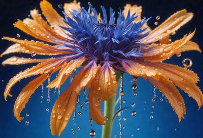 The primary subject of the image is a flower, which is the main object, scene, or focus of the image. The setting/background features a blue surface, which adds to the overall atmosphere. The visual style of the image is a photo, capturing the beauty of the flower in its natural environment. The colors and mood of the image are predominantly orange and blue, creating a warm and vibrant atmosphere.