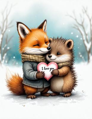 The image features a heart-shaped card with the words "I love you" written on it. The card is being held by a fox and a hedgehog, who are standing close to each other. The scene is set in a snowy environment, with trees visible in the background. The visual style of the image is a combination of digital art and illustration, creating a warm and loving atmosphere.