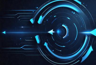 The primary subject of the image is a blue circle with a blue arrow pointing towards it. The setting is a dark background, and the visual style appears to be a digital art or illustration. The dominant colors are blue, and the overall atmosphere is calm and focused.
