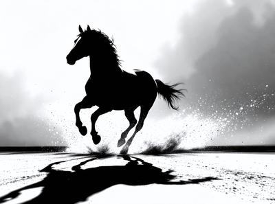 Primary subject: A horse running on a beach.

Setting/background: The horse is running on a beach, with the ocean in the background.

Visual style: The image is a black and white illustration.

Colors and mood: The image has a monochromatic color scheme, giving it a classic and timeless feel.