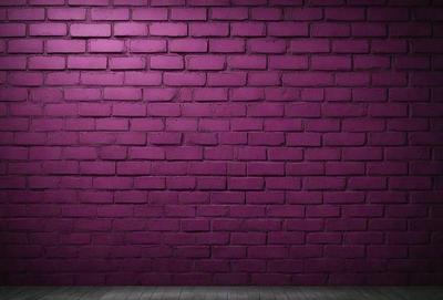 The primary subject of the image is a large brick wall painted in a deep shade of pink. The setting is a room with a hardwood floor, and the visual style is a close-up of the brick wall. The colors and mood of the image are predominantly pink, creating a warm and inviting atmosphere.