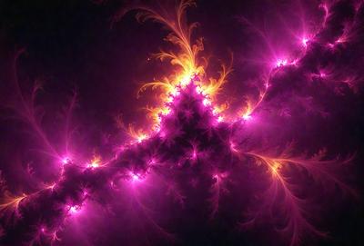 The primary subject of the image is a brightly colored, pink and purple floral pattern. The setting is a dark background, which contrasts with the vibrant colors of the floral pattern. The visual style appears to be a combination of digital art and illustration, creating a unique and eye-catching design. The dominant colors in the image are pink and purple, giving the overall atmosphere a warm and inviting feel.