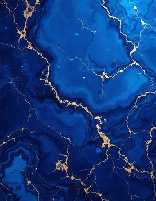 The primary subject of the image is a blue and gold marbled surface, which appears to be a piece of art or a decorative item. The setting is a close-up view of the marbled surface, showcasing its intricate patterns and colors. The visual style of the image is a combination of digital art and photography, creating a vibrant and eye-catching display. The dominant colors in the image are blue and gold, giving the surface a luxurious and elegant appearance.